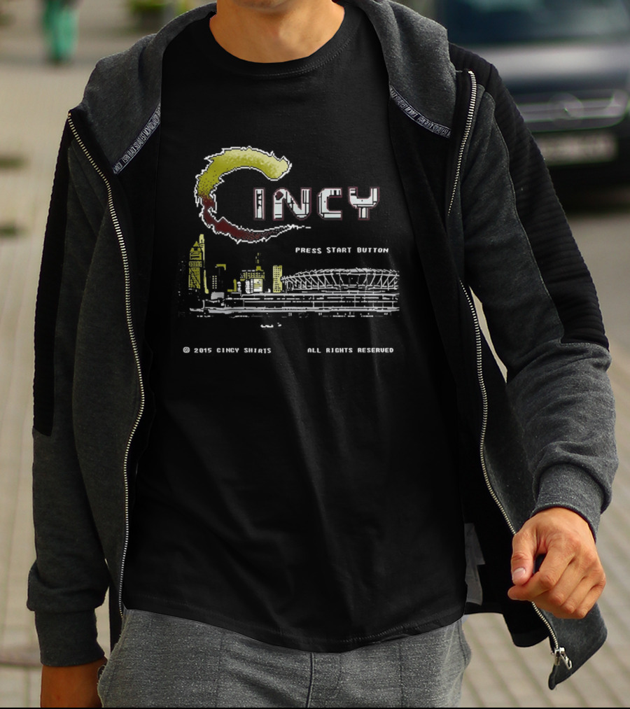 Cincy Press Start Button Pixel Game Cincinnati Reds Skyline T-Shirt
