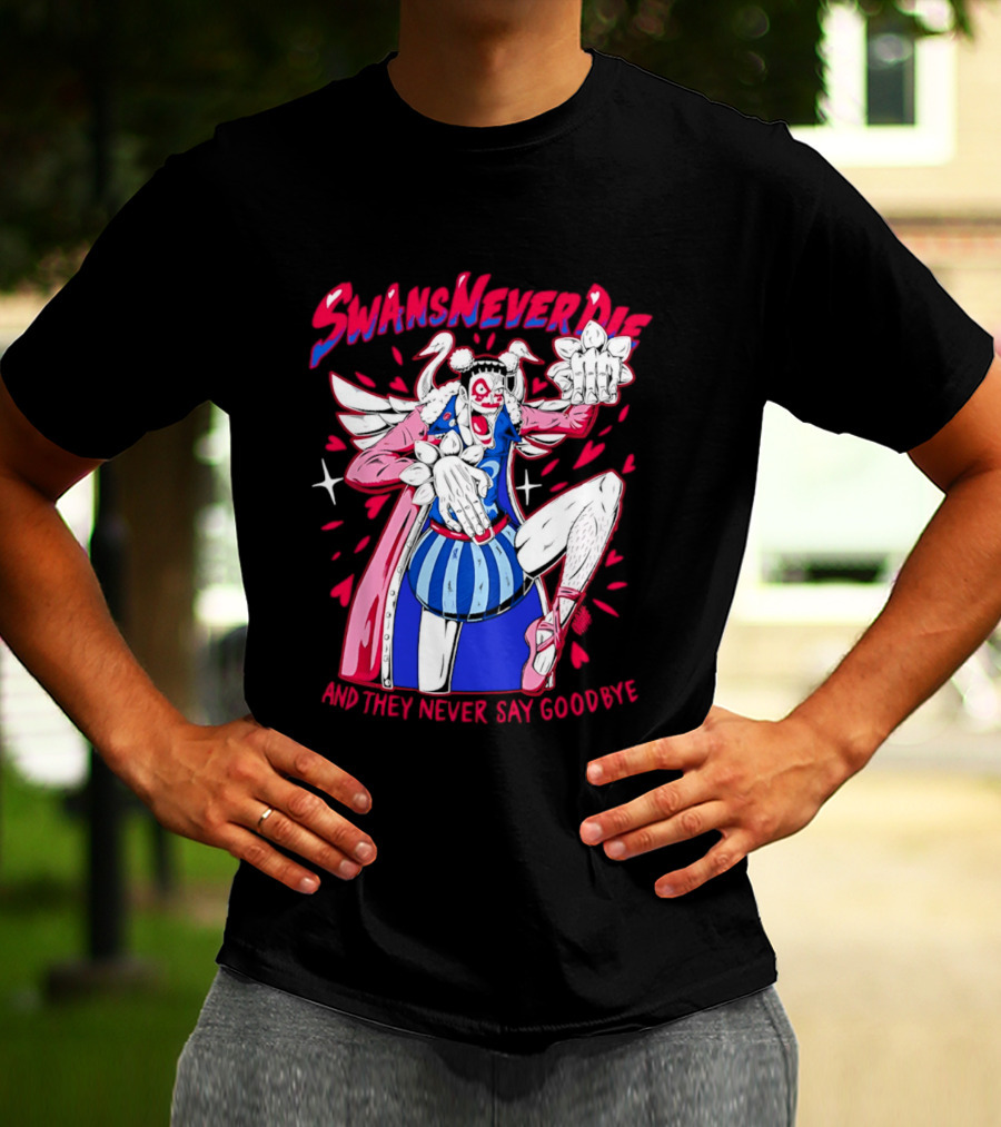 Swans Never Die And They Never Say Goodbye Winged Character Blue Striped Outfit T-Shirt