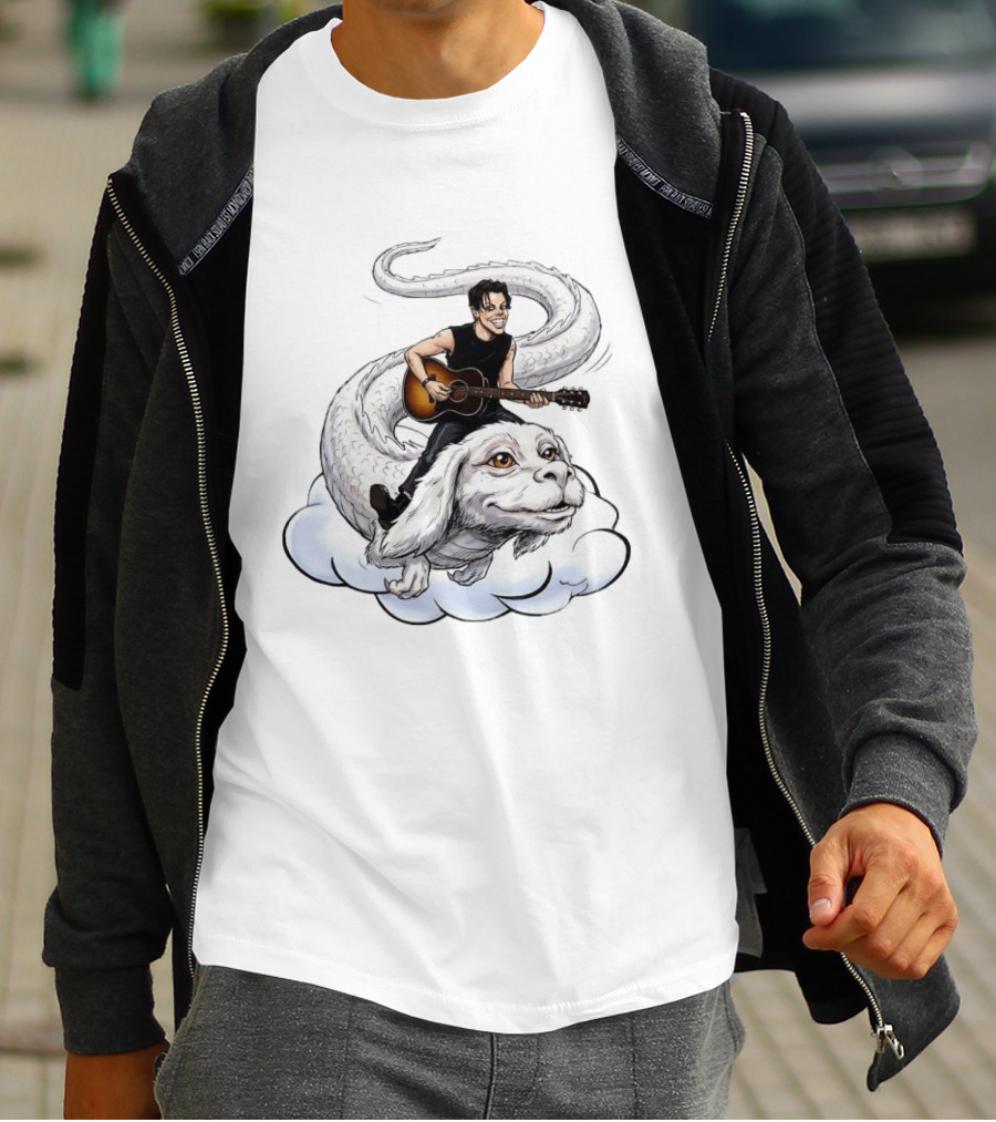 Rock God With Guitar On Falkor Flying Creature Inspired Fantasy Scene T-Shirt