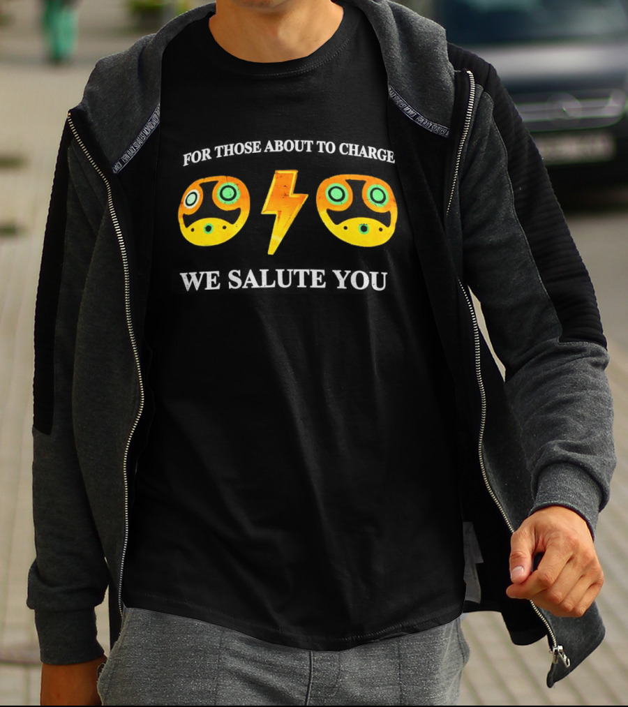 Power Symbol Eyes Bolt Yellow Blue Mask For Those About To Charge We Salute You T-Shirt