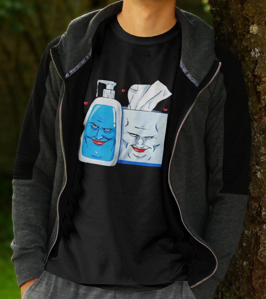 Smiling Blue Lotion Bottle And Tissue Box Meme With Red Lips And Hearts T-Shirt