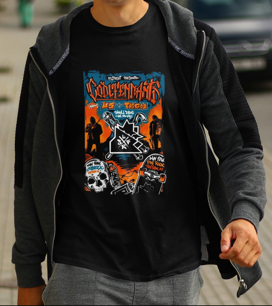 Codefendants Pigifront Presents Us Vs Them May 16 2026 Flagstaff AZ Skateboard Skull Drugs Black And Orange T-Shirt