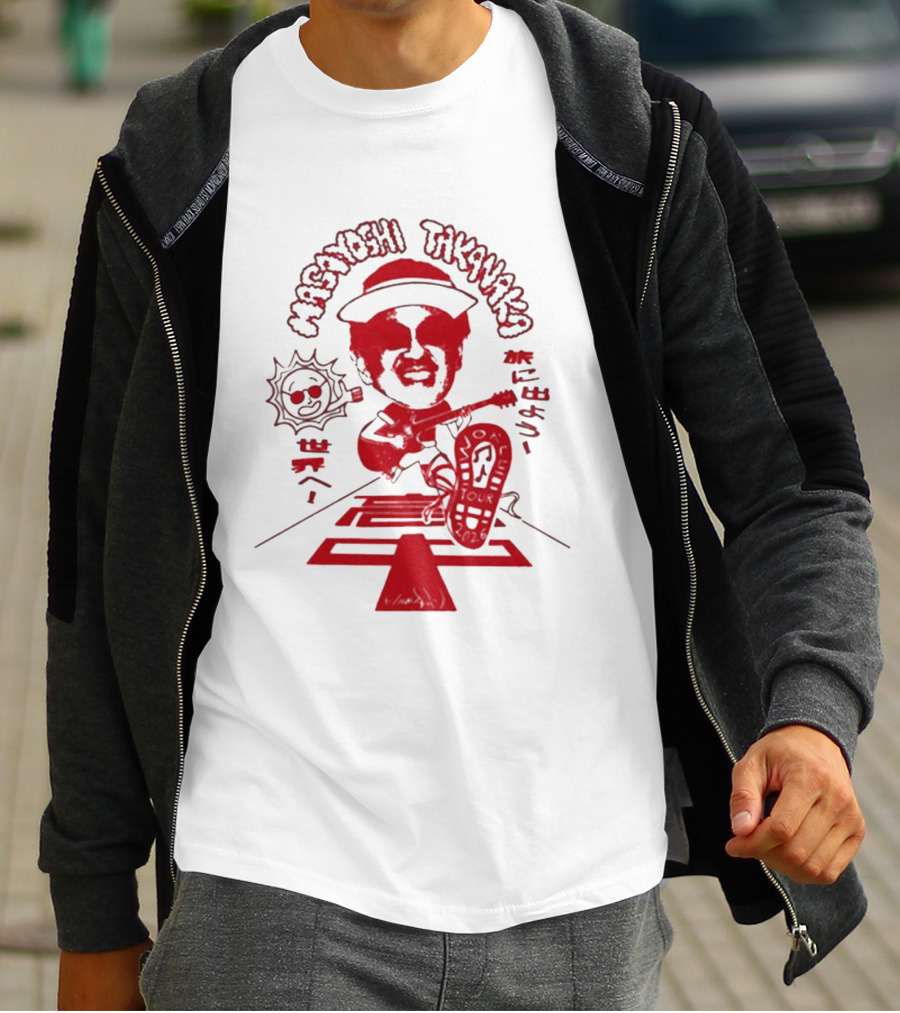 Masayoshi Takanaka Super Takanaka World Tour 2026 Caricature Art Red And White T-Shirt