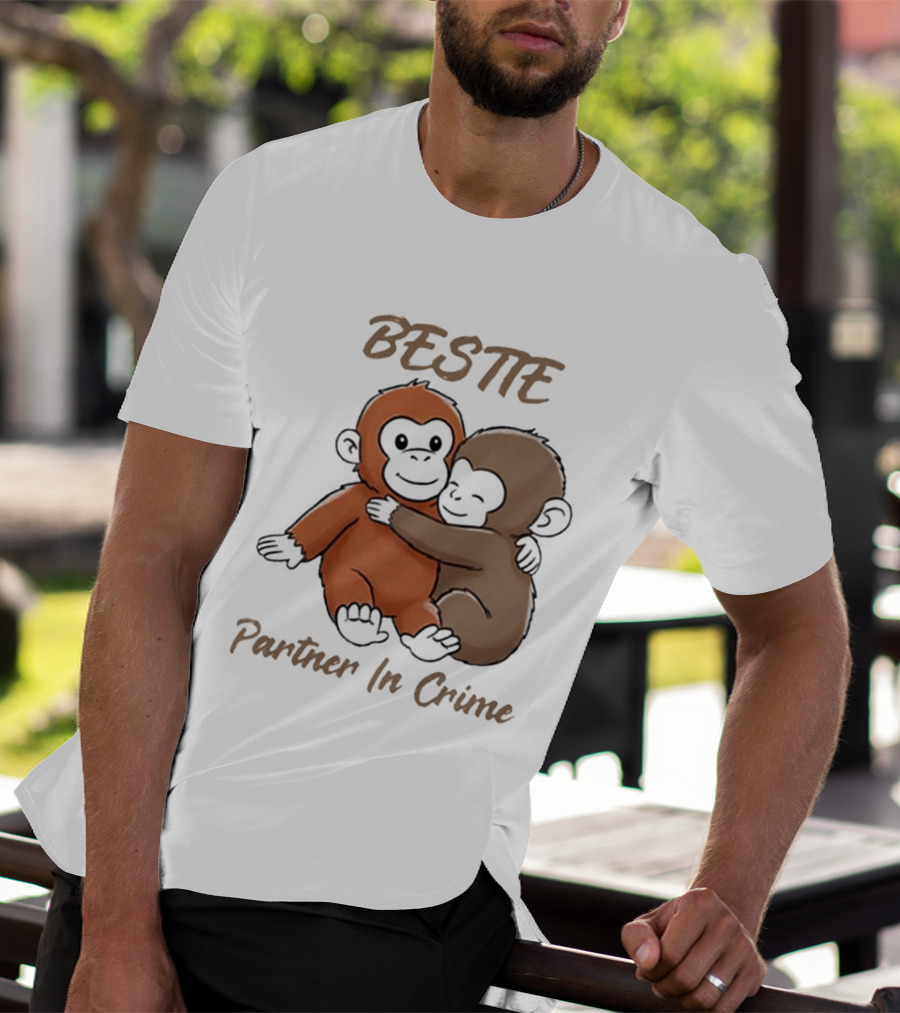 Bestie Partner In Crime Cute Monkey Hug Friendship T-Shirt