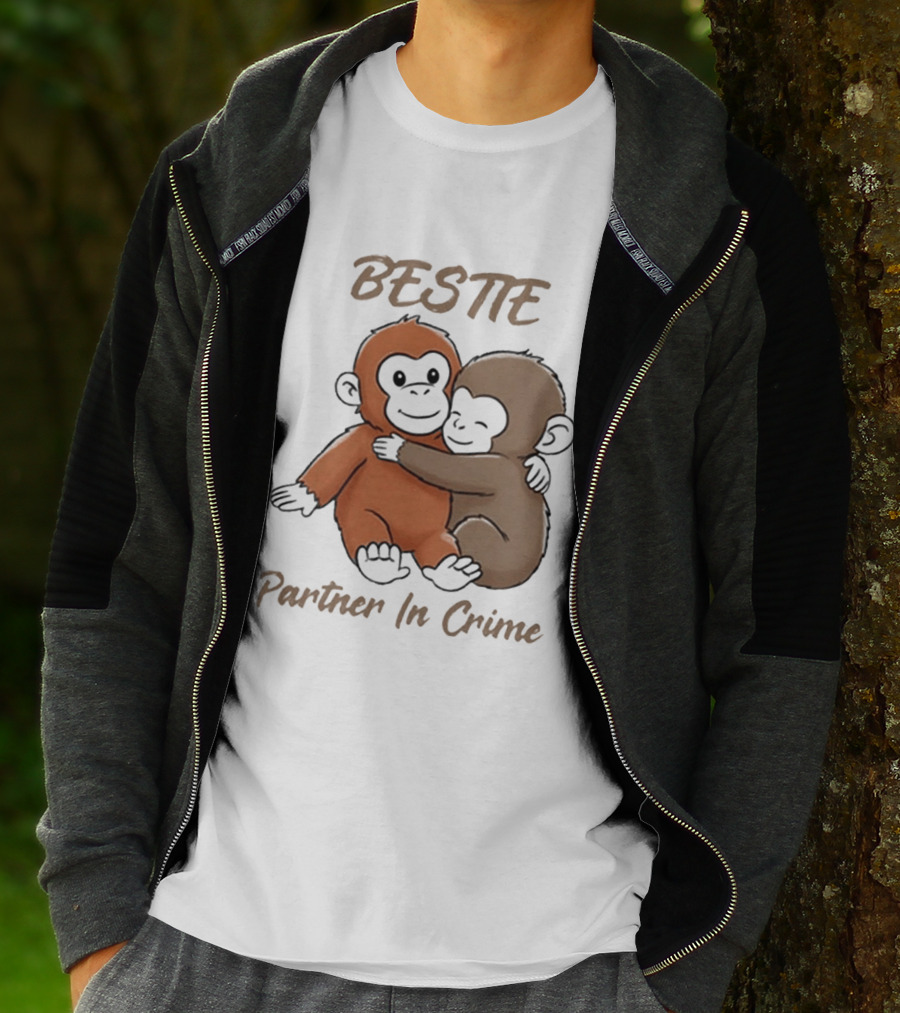 Bestie Partner In Crime Cute Monkey Hug Friendship T-Shirt