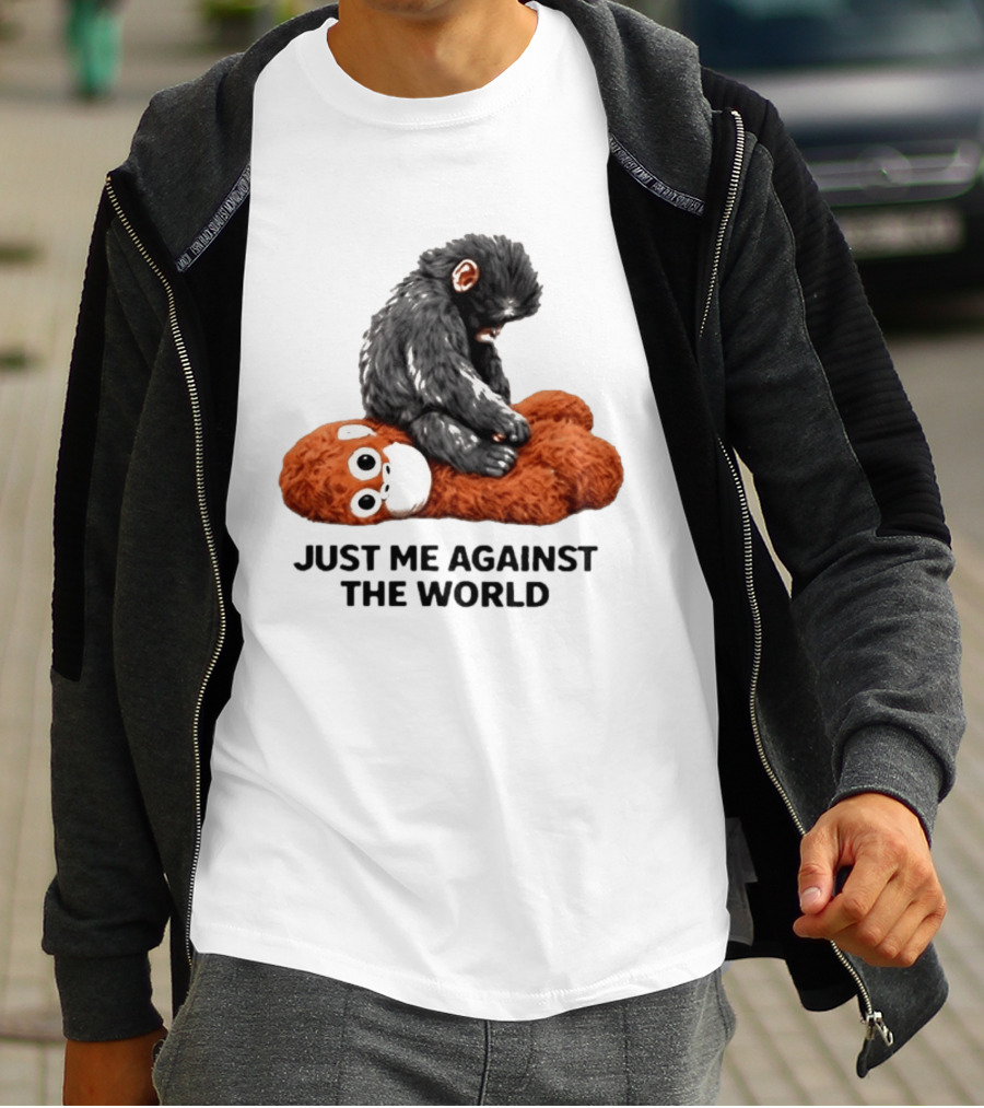 JUST ME AGAINST THE WORLD Gorilla Plush Toy Sitting On Panda T-Shirt