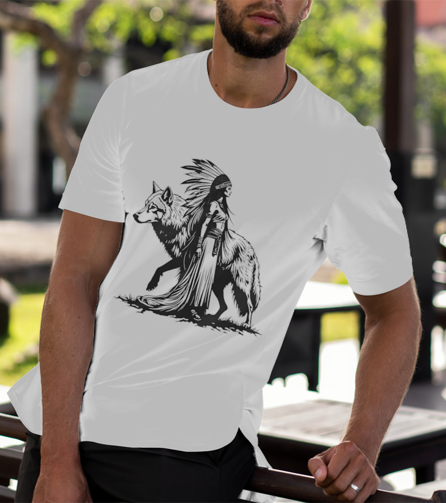 Native Woman And Wolf Connection Tribal Spirit Headdress T-Shirt