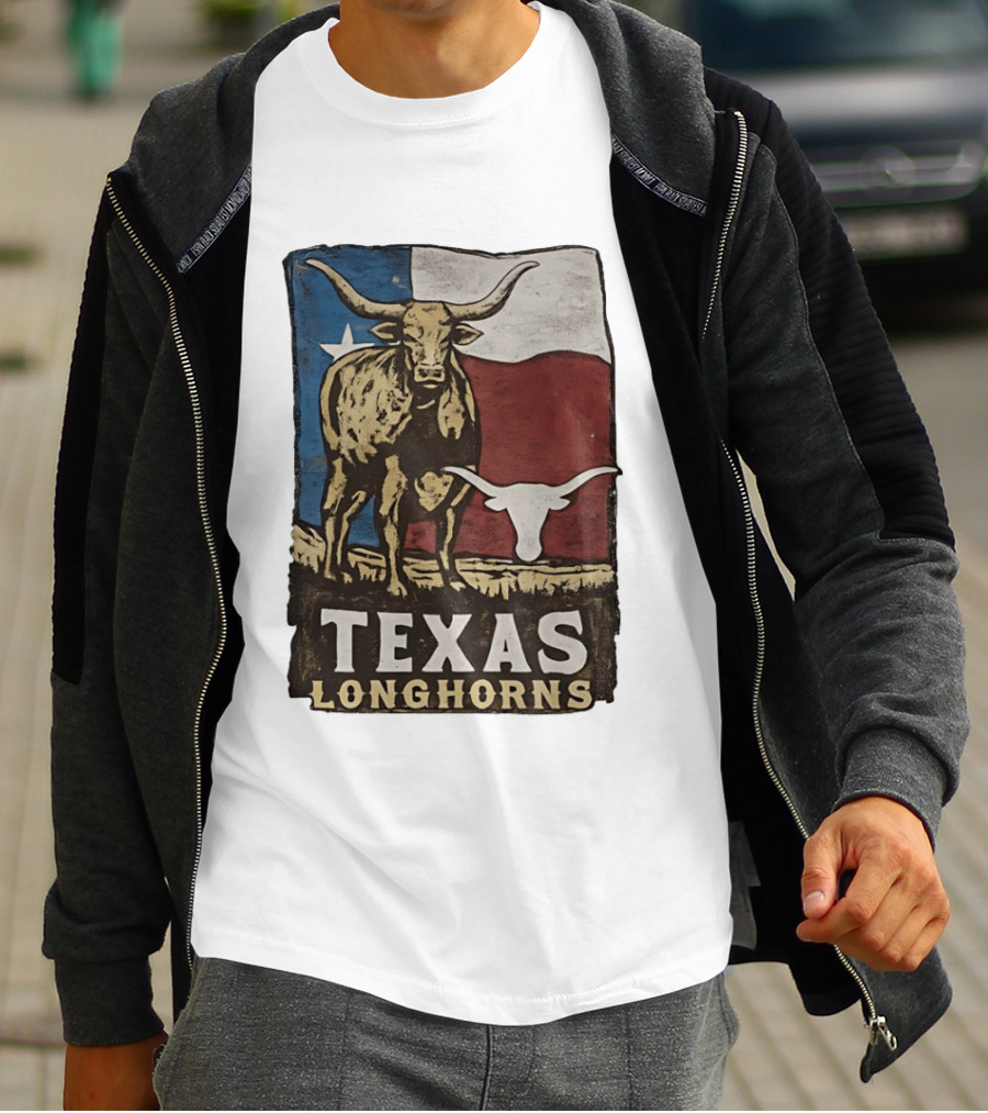Texas Longhorns Flag Vintage Style Cow T-Shirt