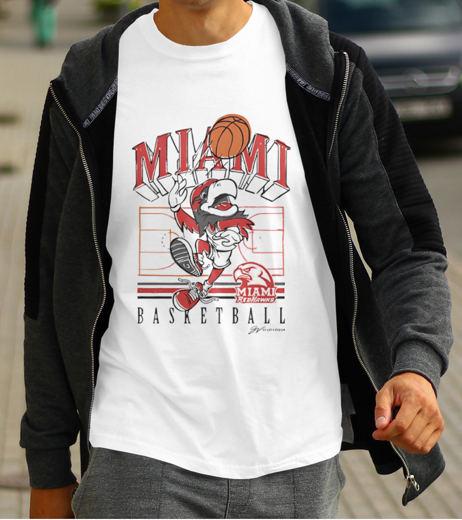Miami RedHawks Basketball Court Happy Swoop Dunking Bird T-Shirt