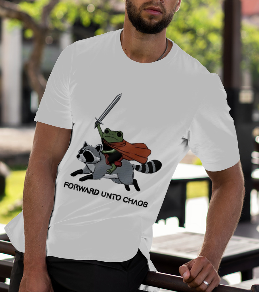 Embroidered Sword Wielding Frog Riding Raccoon Forward Unto Chaos T-Shirt