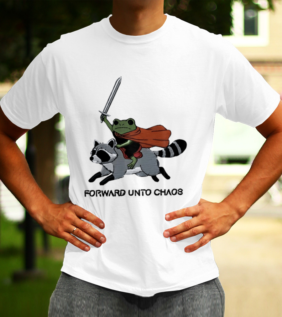 Embroidered Sword Wielding Frog Riding Raccoon Forward Unto Chaos T-Shirt