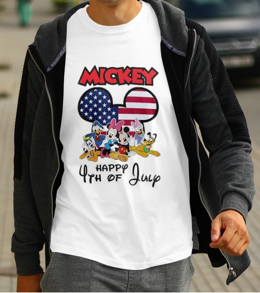Mickey Mouse Happy 4th Of July Disney Celebration With American Flag And Characters T-Shirt