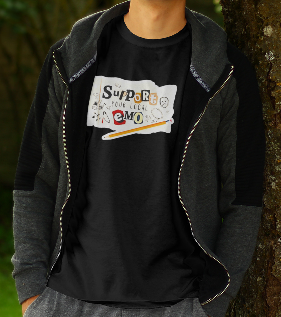 Support Your Local Emo Cutout Style With Pencil And Emojis T-Shirt