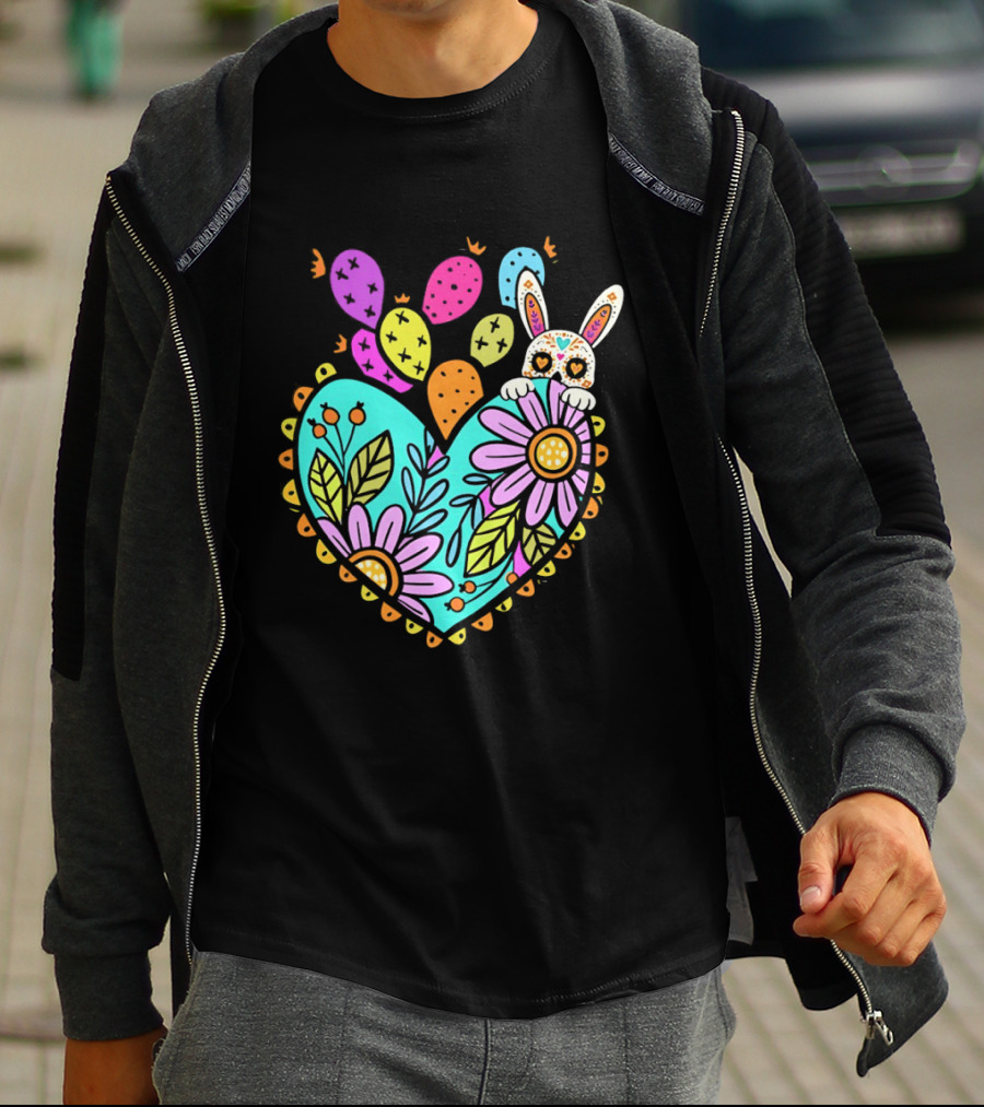 Easter Day Rabbit Holding Heart Sagrado Corazon Floral Bunny Balloons T-Shirt