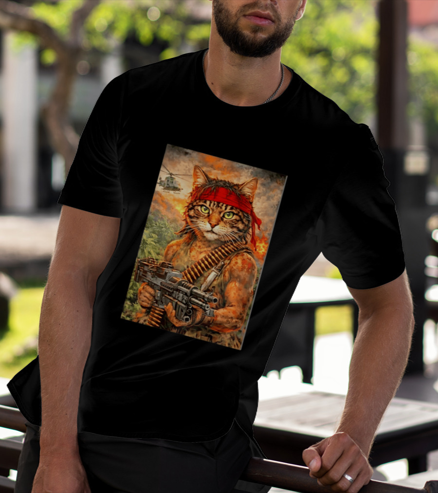 Rambo Cat With MG 3 Gun On Battlefield With Helicopter And Jungle Backdrop T-Shirt