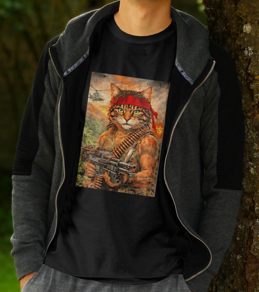 Rambo Cat With MG 3 Gun On Battlefield With Helicopter And Jungle Backdrop T-Shirt