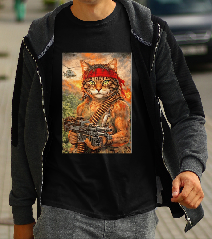 Rambo Cat With MG 3 Gun On Battlefield With Helicopter And Jungle Backdrop T-Shirt