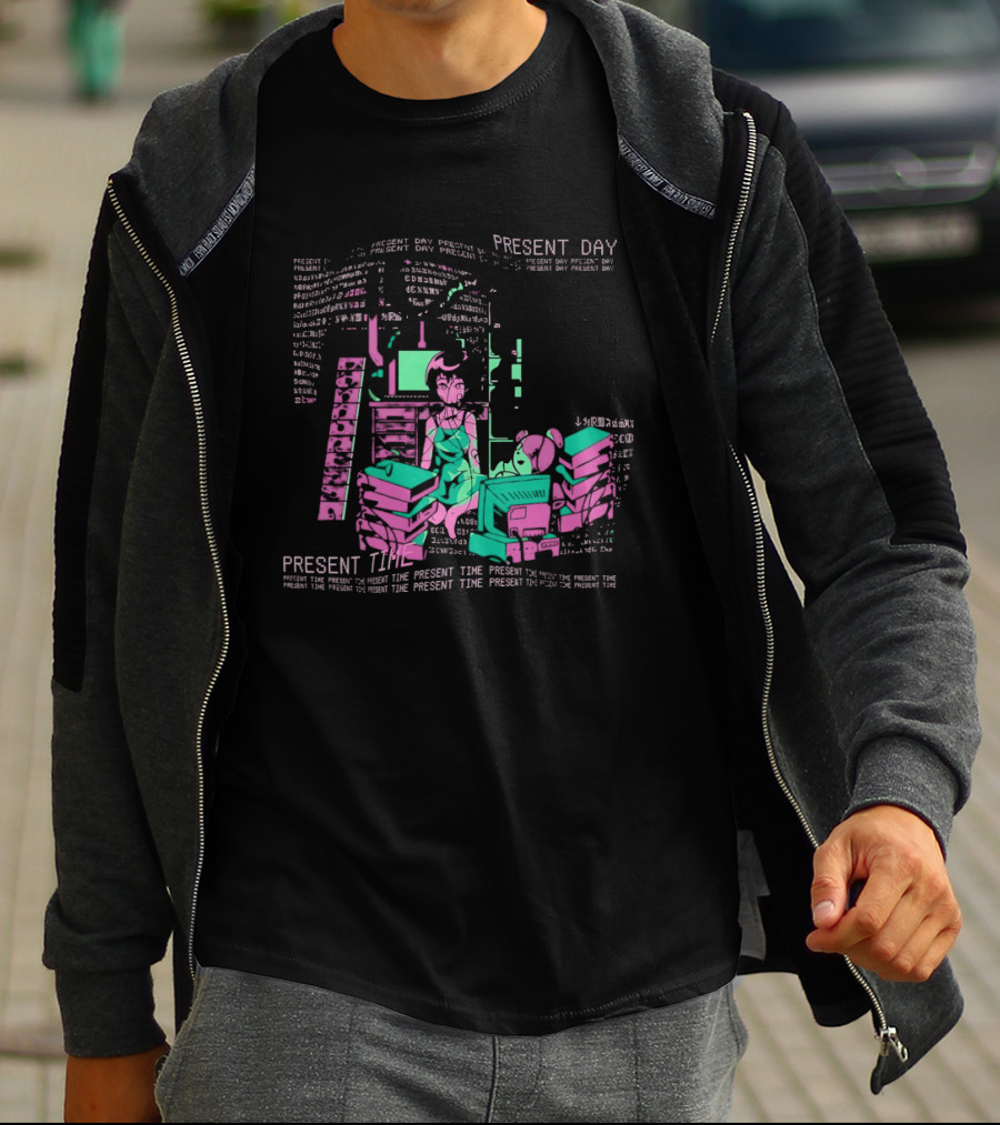 Connect To The Wired Present Day Present Time Retro Tech Aesthetic Stack Of Devices T-Shirt