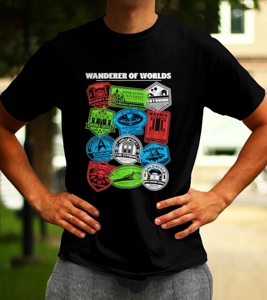 Wanderer Of Worlds Travel Stamps Baldur's Gate Miskatonic Hyrule Middle Earth Narnia T-Shirt