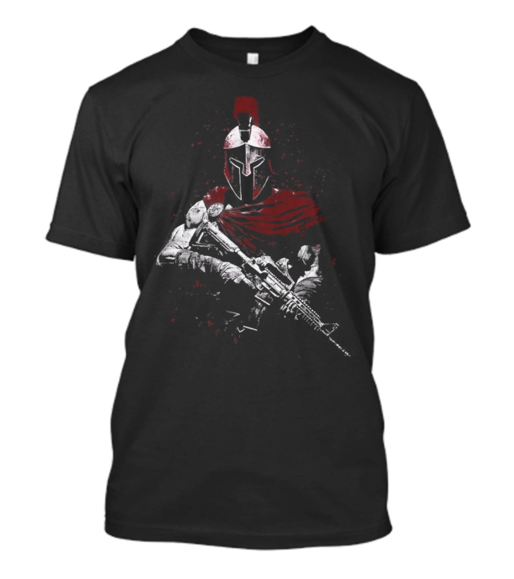Warrior Ethos Holding Gun Wearing Spartan Helmet Blood Red Cape T-Shirt