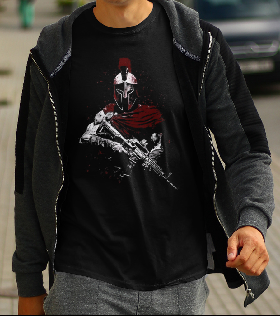 Warrior Ethos Holding Gun Wearing Spartan Helmet Blood Red Cape T-Shirt