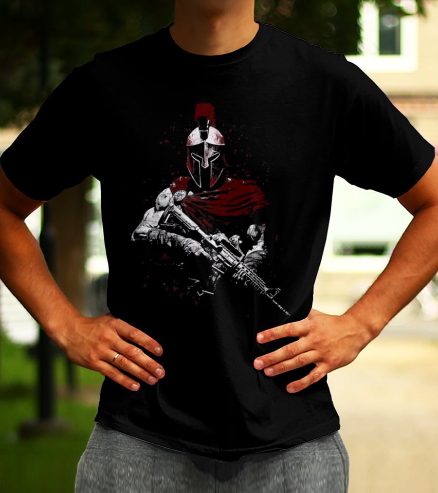 Warrior Ethos Holding Gun Wearing Spartan Helmet Blood Red Cape T-Shirt