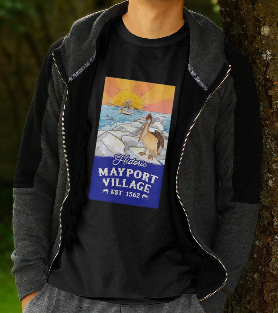 Historic Mayport Village EST 1562 Ocean Sunrise Pelican And Fishing Boat T-Shirt