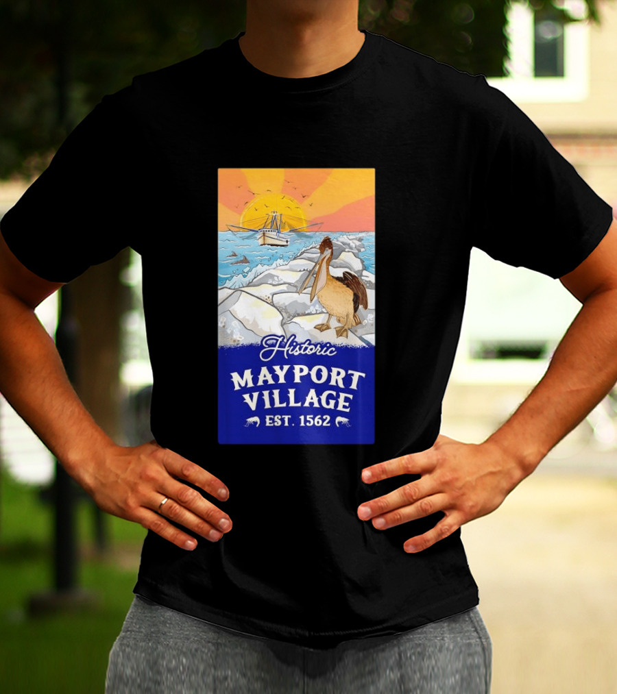 Historic Mayport Village EST 1562 Ocean Sunrise Pelican And Fishing Boat T-Shirt