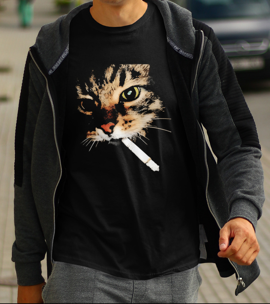 Cat Smoking Big Head Meme Artfully Distorted Feline Expression T-Shirt