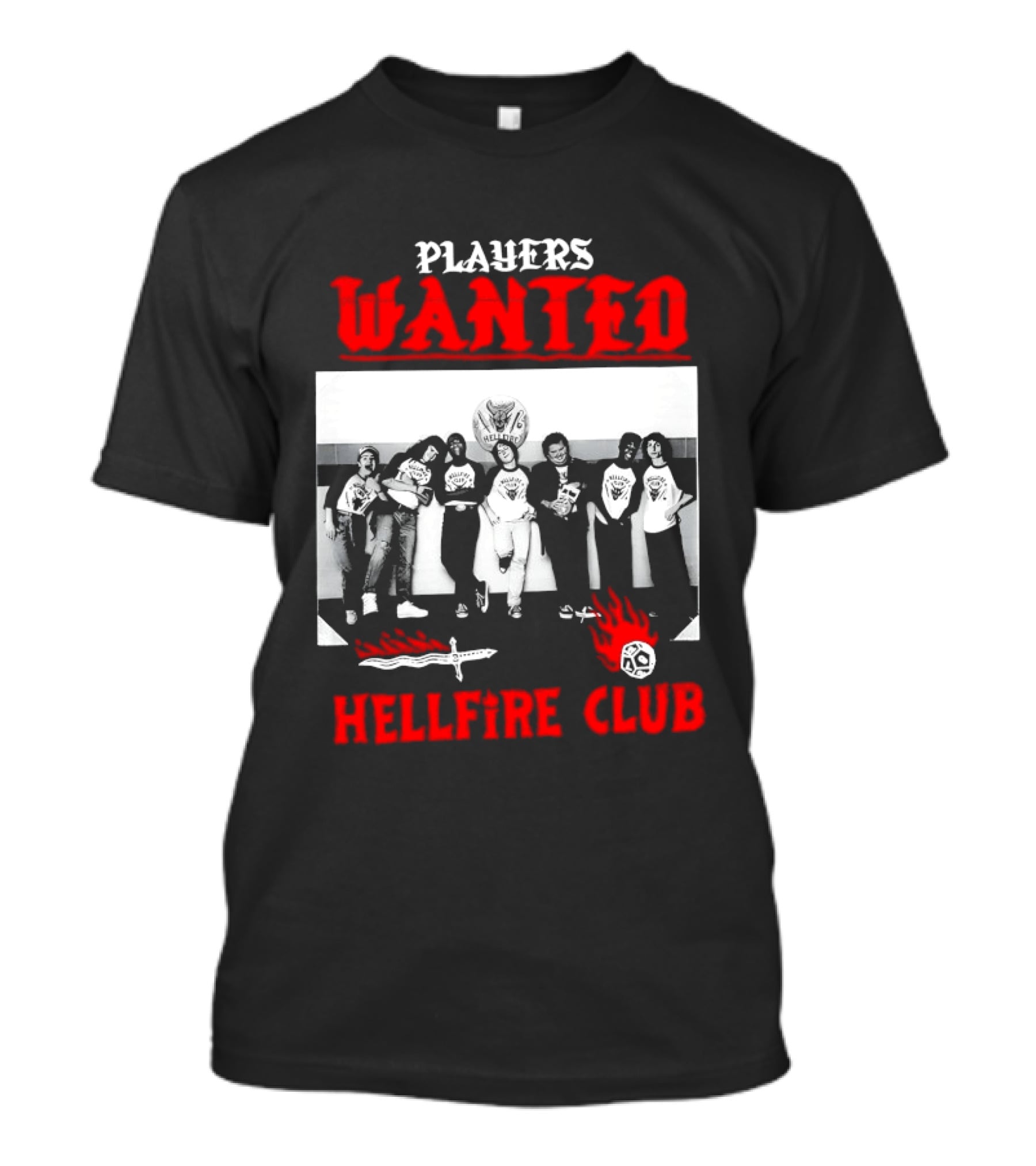 Players Wanted Hellfire Club Retro Group Photo Gaming Dungeons Dragons Fantasy T-Shirt