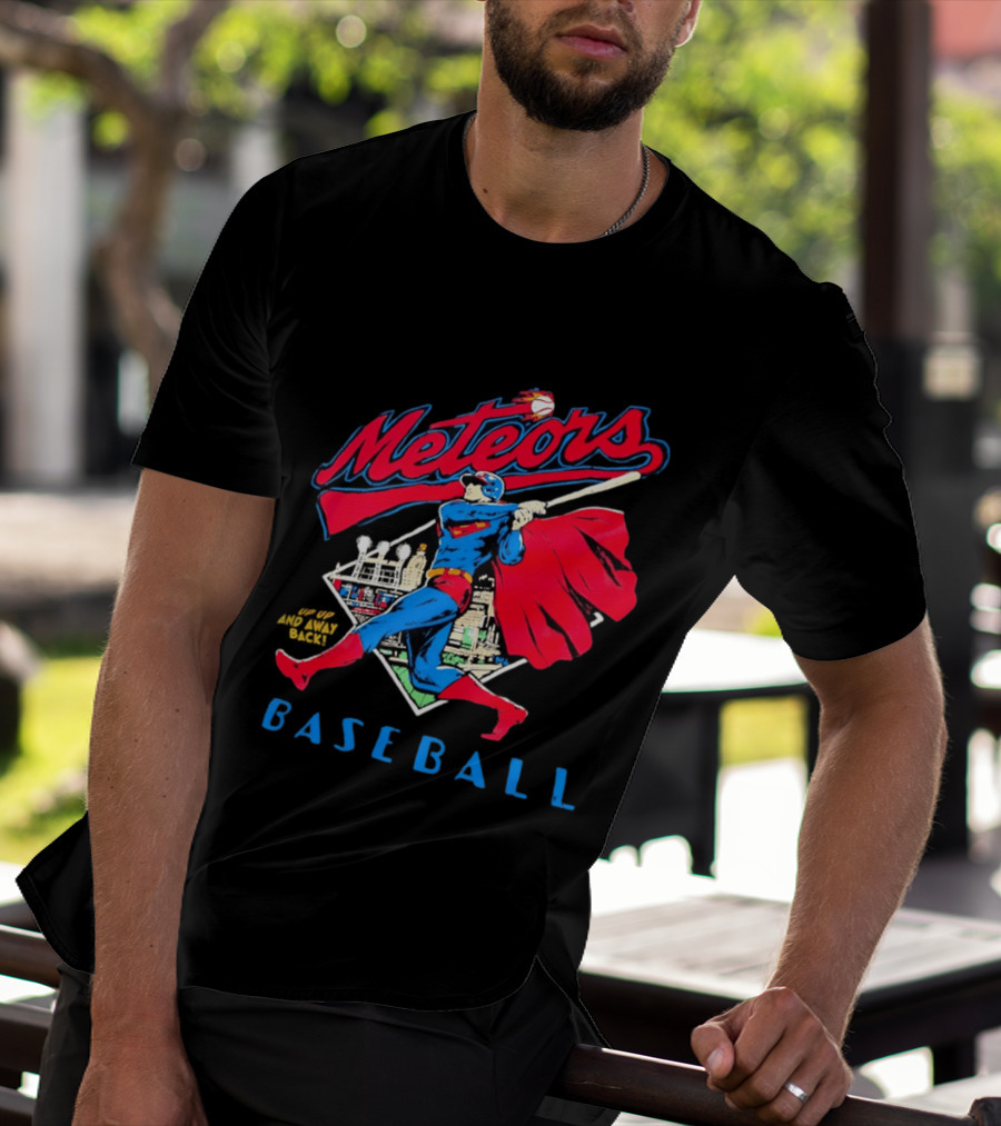 Meteors Baseball Superhero Swinging Bat Power City Stadium Iconic Comic T-Shirt