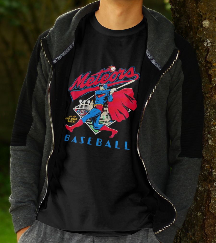 Meteors Baseball Superhero Swinging Bat Power City Stadium Iconic Comic T-Shirt