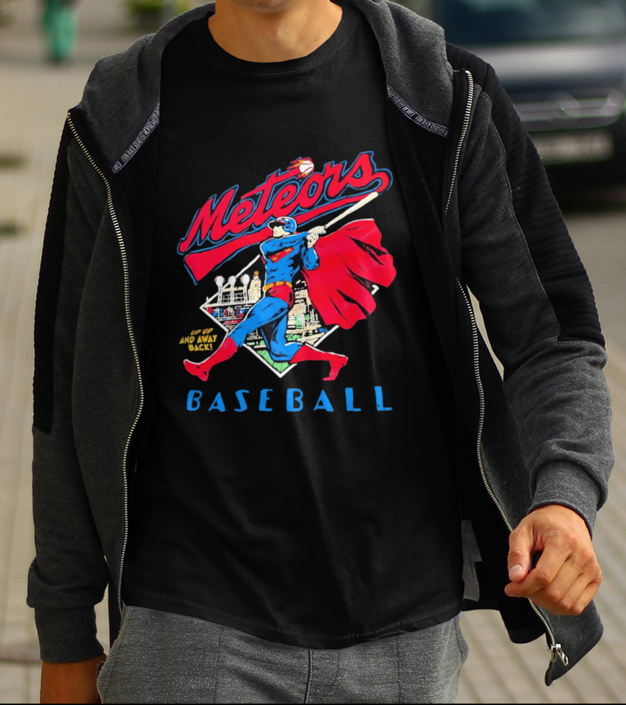 Meteors Baseball Superhero Swinging Bat Power City Stadium Iconic Comic T-Shirt