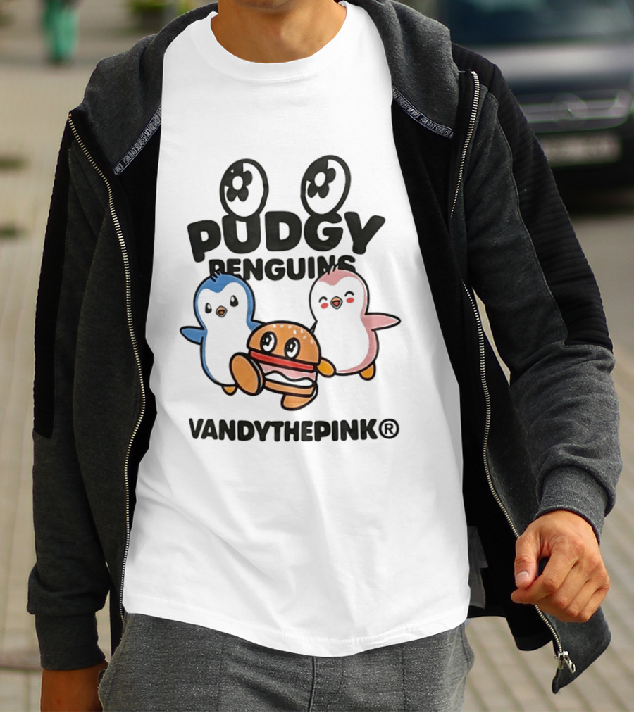Pudgy Penguins Vandythepink With Burger Chibi Characters T-Shirt
