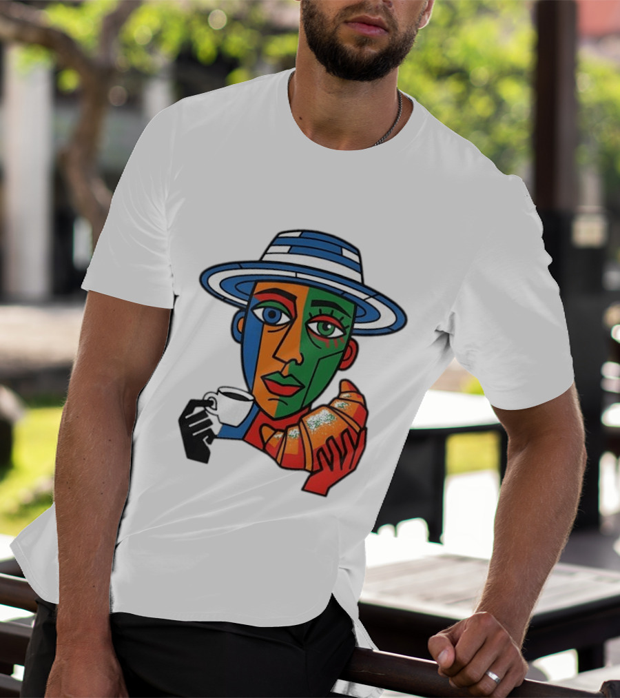 Cubist Coffee Drinker With Hat And Croissant T-Shirt