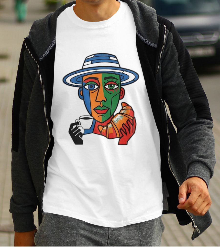 Cubist Coffee Drinker With Hat And Croissant T-Shirt