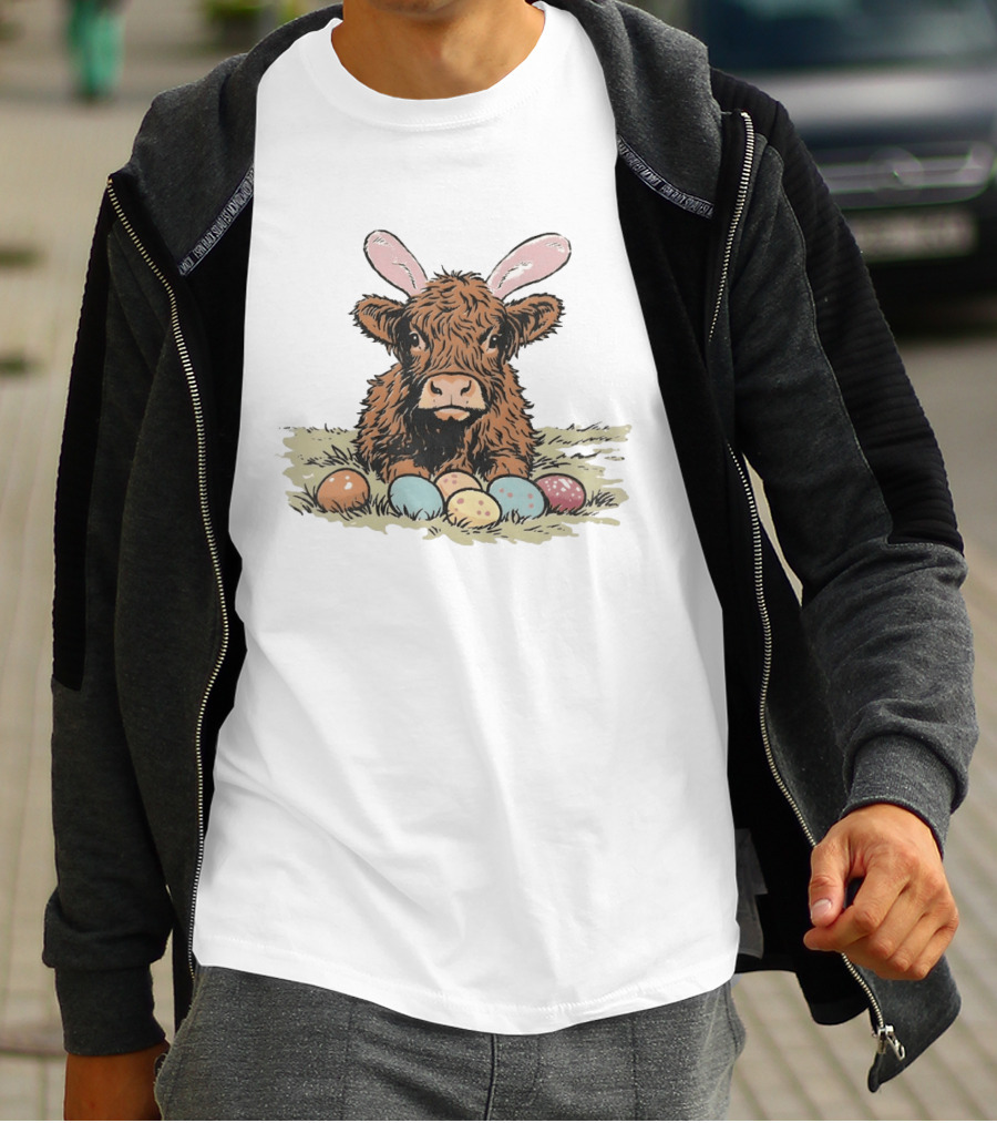 Highland Cow With Easter Eggs And Bunny Ears Easter Day 2026 T-Shirt