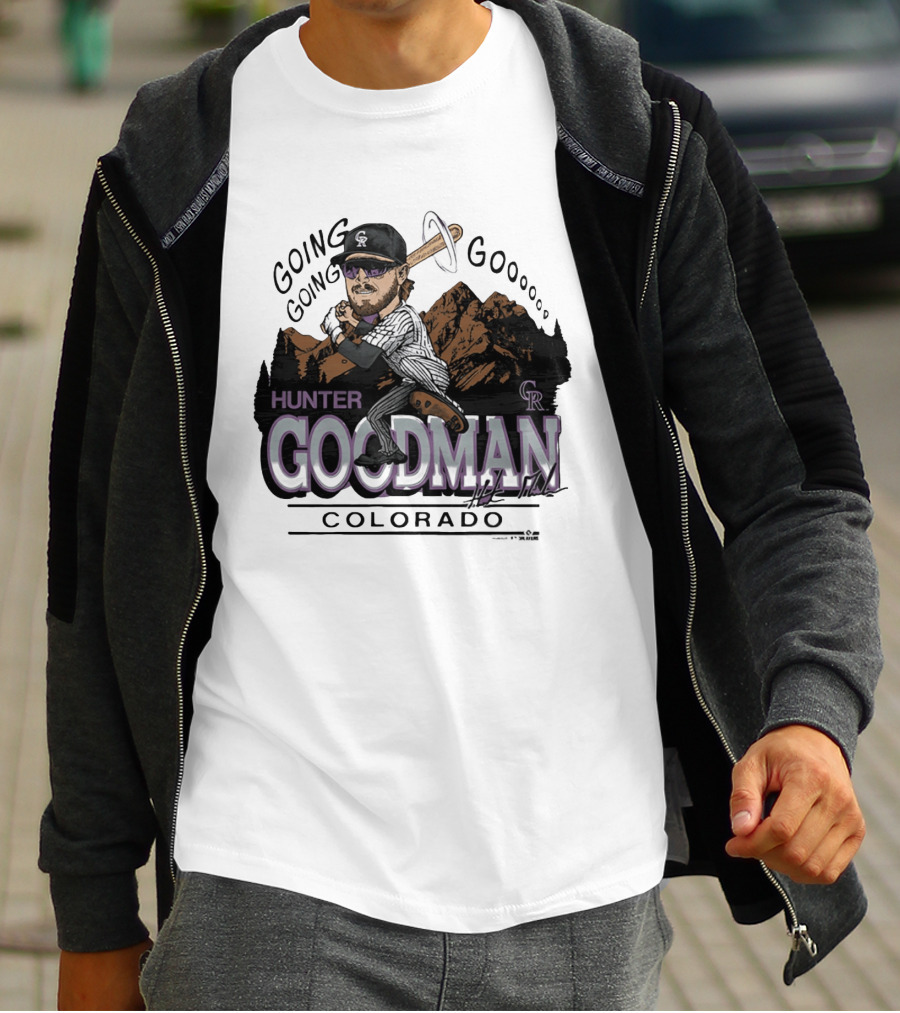 Hunter Goodman Going Going Going Colorado Rockies Caricature T-Shirt