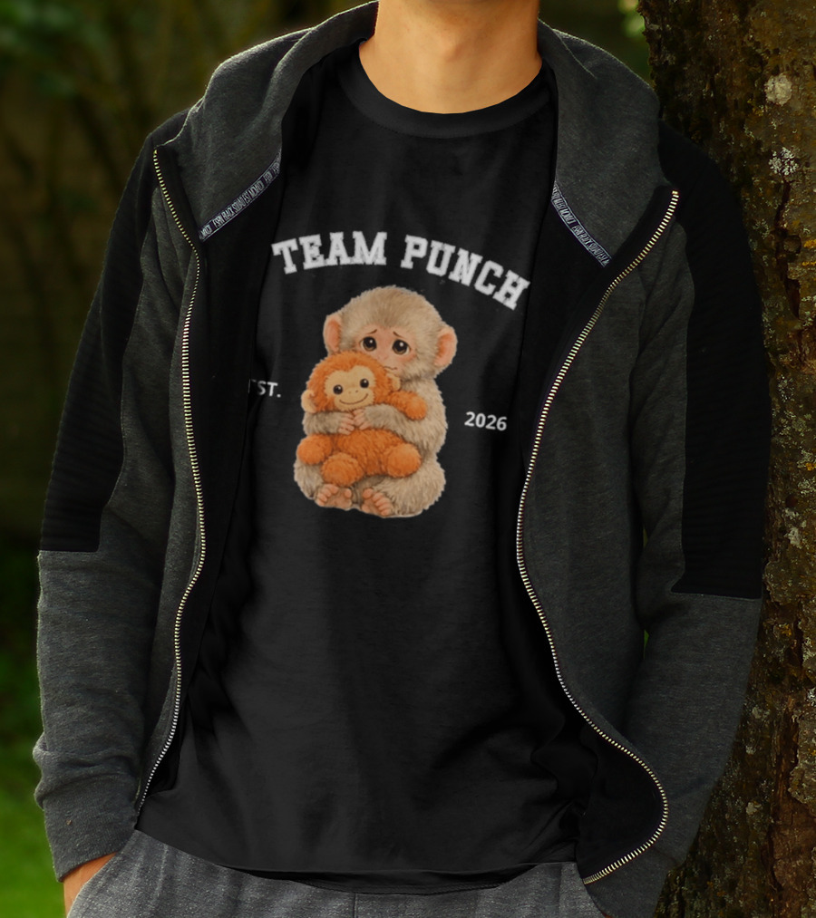 Team Punch Monkey EST 2026 Cute Baby Monkey Holding Plush Toy T-Shirt