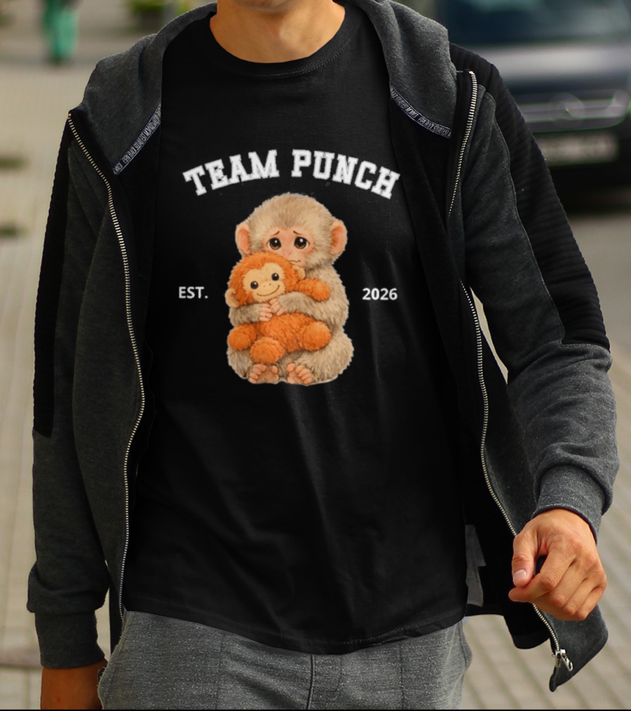 Team Punch Monkey EST 2026 Cute Baby Monkey Holding Plush Toy T-Shirt