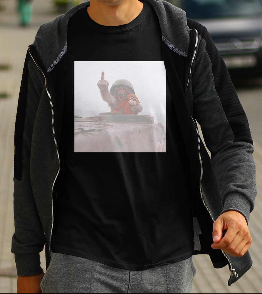 Monkey Middle Finger Gesture With Toy And Helmet On Vehicle T-Shirt