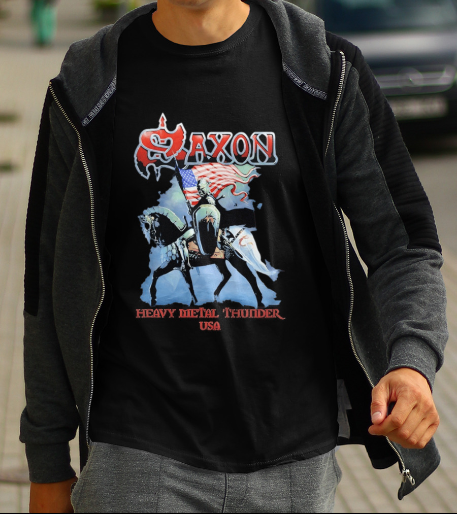 Saxon Heavy Metal Knight With American Flag USA T-Shirt