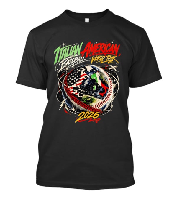 Italian American Baseball World Tour 2026 Flag Design Globe Baseball T-Shirt
