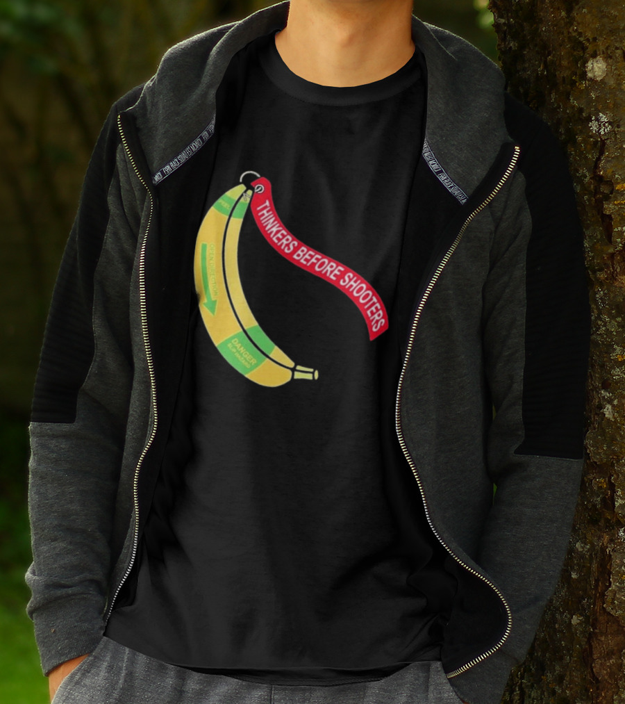 Thinkers Before Shooters John Jackson Banana Warning Peel Open Direction T-Shirt