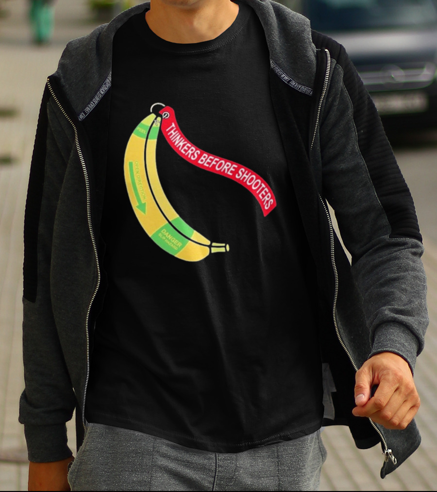 Thinkers Before Shooters John Jackson Banana Warning Peel Open Direction T-Shirt