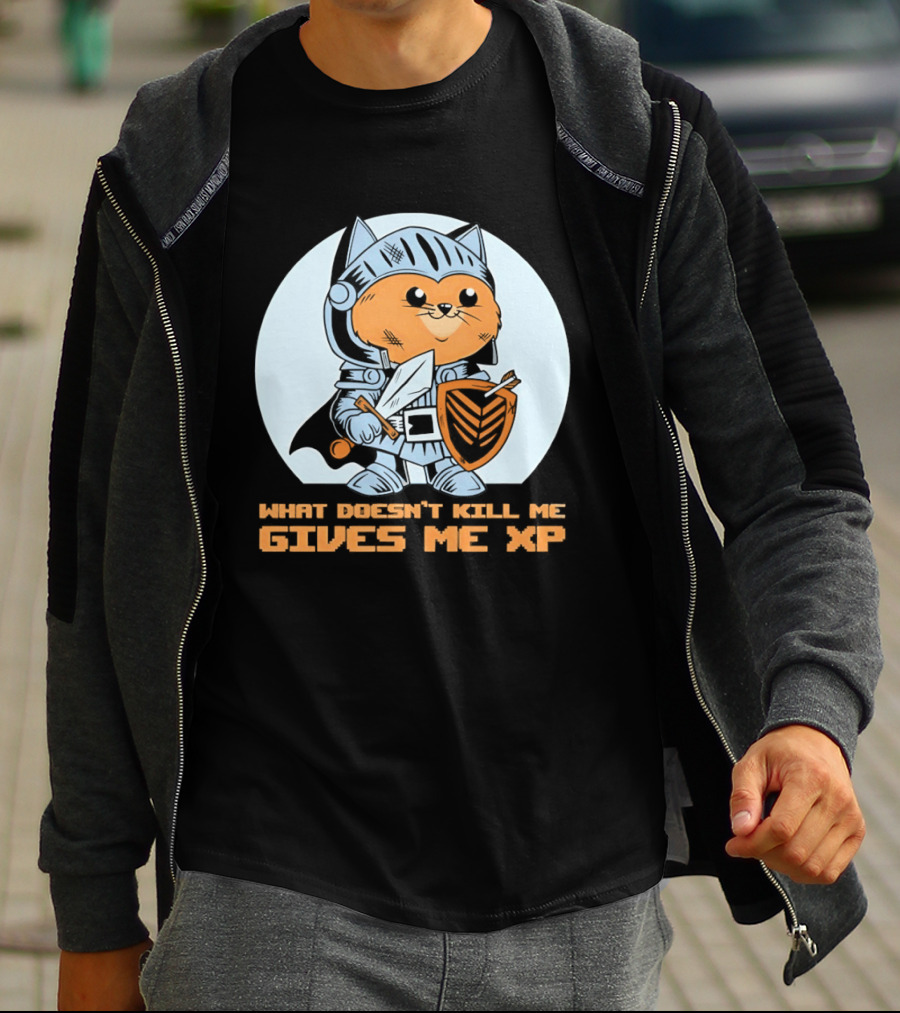 Knight Cat Holding Sword And Shield What Doesn't Kill Me Gives Me XP T-Shirt