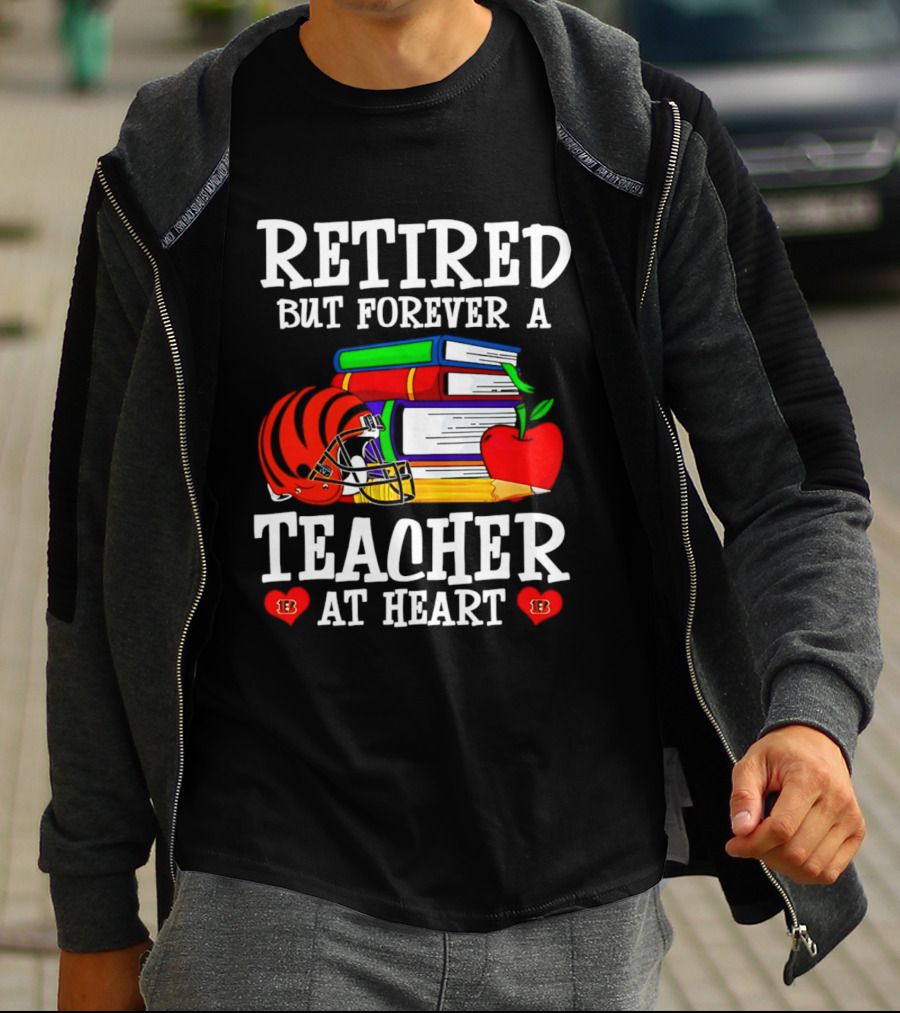 Retired But Forever A Teacher At Heart With Books Helmet And Apple T-Shirt