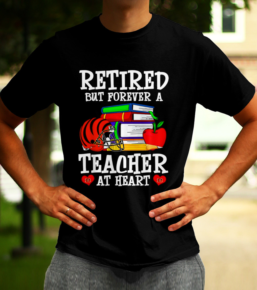 Retired But Forever A Teacher At Heart With Books Helmet And Apple T-Shirt