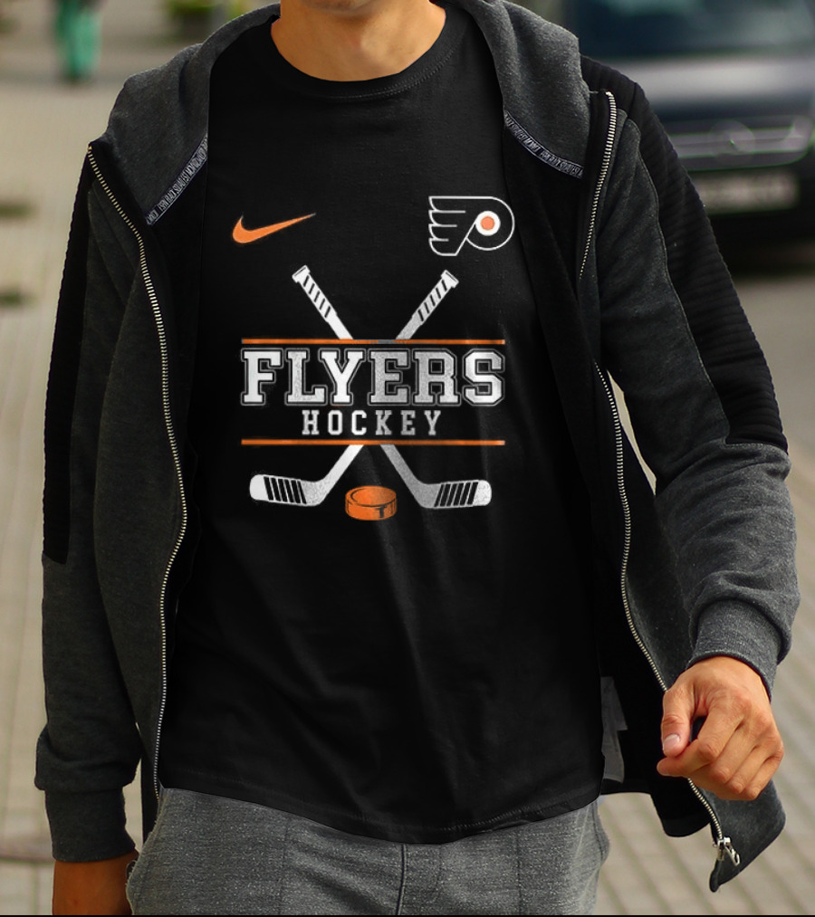Philadelphia Flyers Nike Hockey Crossed Sticks And Puck T-Shirt