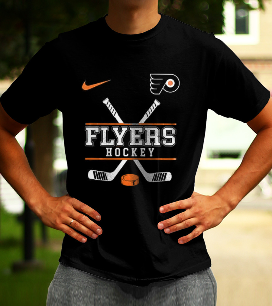 Philadelphia Flyers Nike Hockey Crossed Sticks And Puck T-Shirt